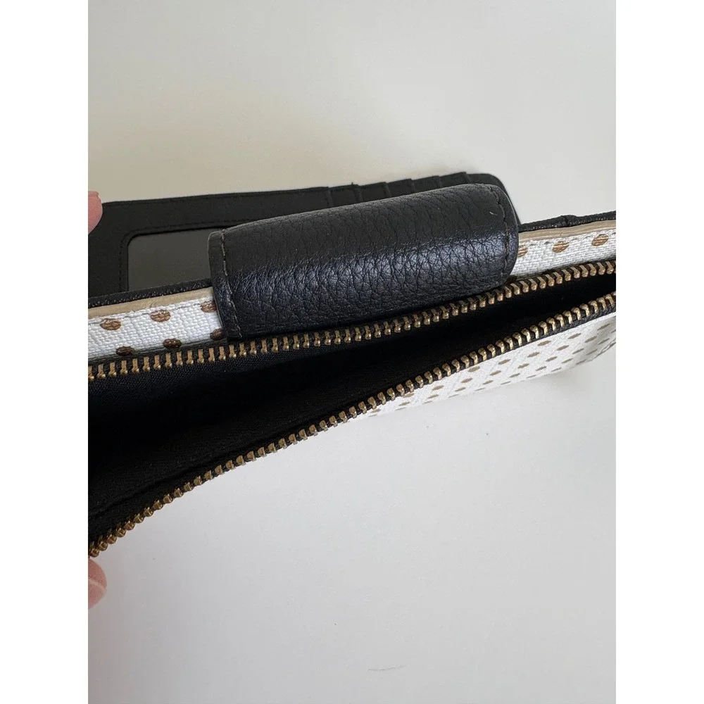Fossil White Gold Polka‎ Dot Bifold Clutch Wallet Black Leather Snap Tab